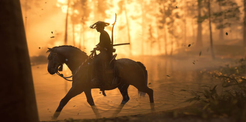 Západ slunce ve hře Ghost of Tsushima