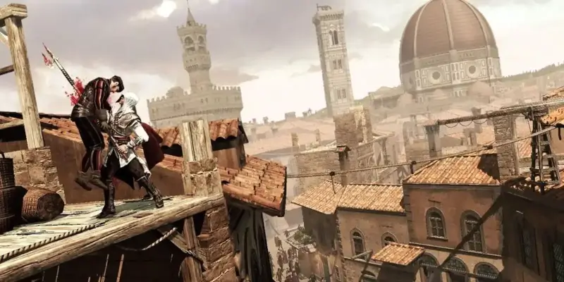 Assasin zabíjející historickou postavu ve Florencii