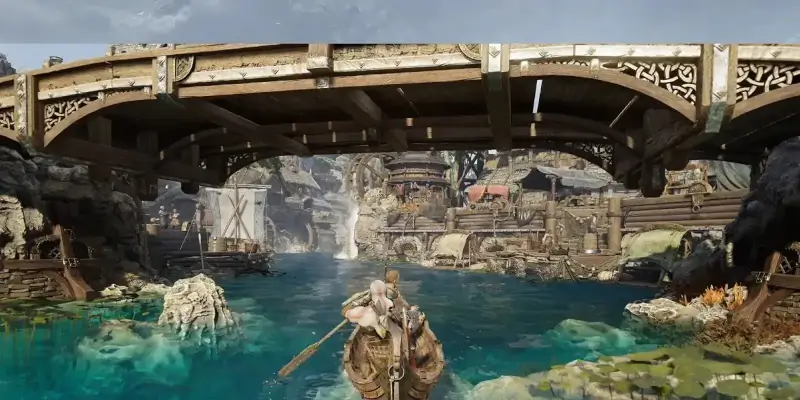 God of War Ragnarok 2022 projížďka Kratose po řece na kánoii