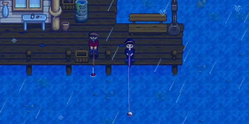 Gameplay hry Stardew Valley - postava rybaří na molu