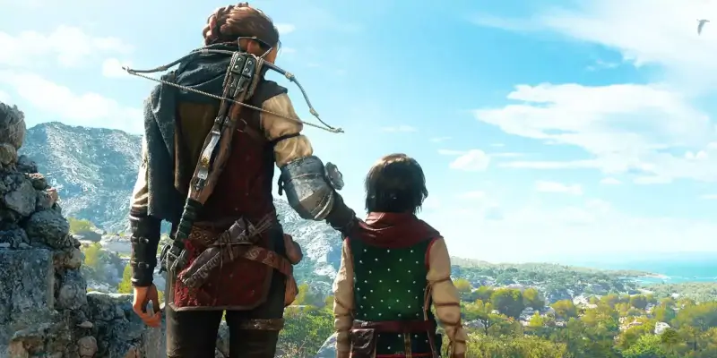 Hlavní postavy hry hledící do dáli.