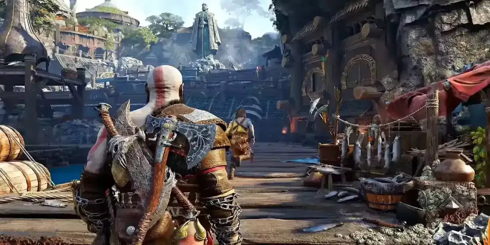 God of War Ragnarok 2022 Gameplay, tržiště s prodejnou ryb
