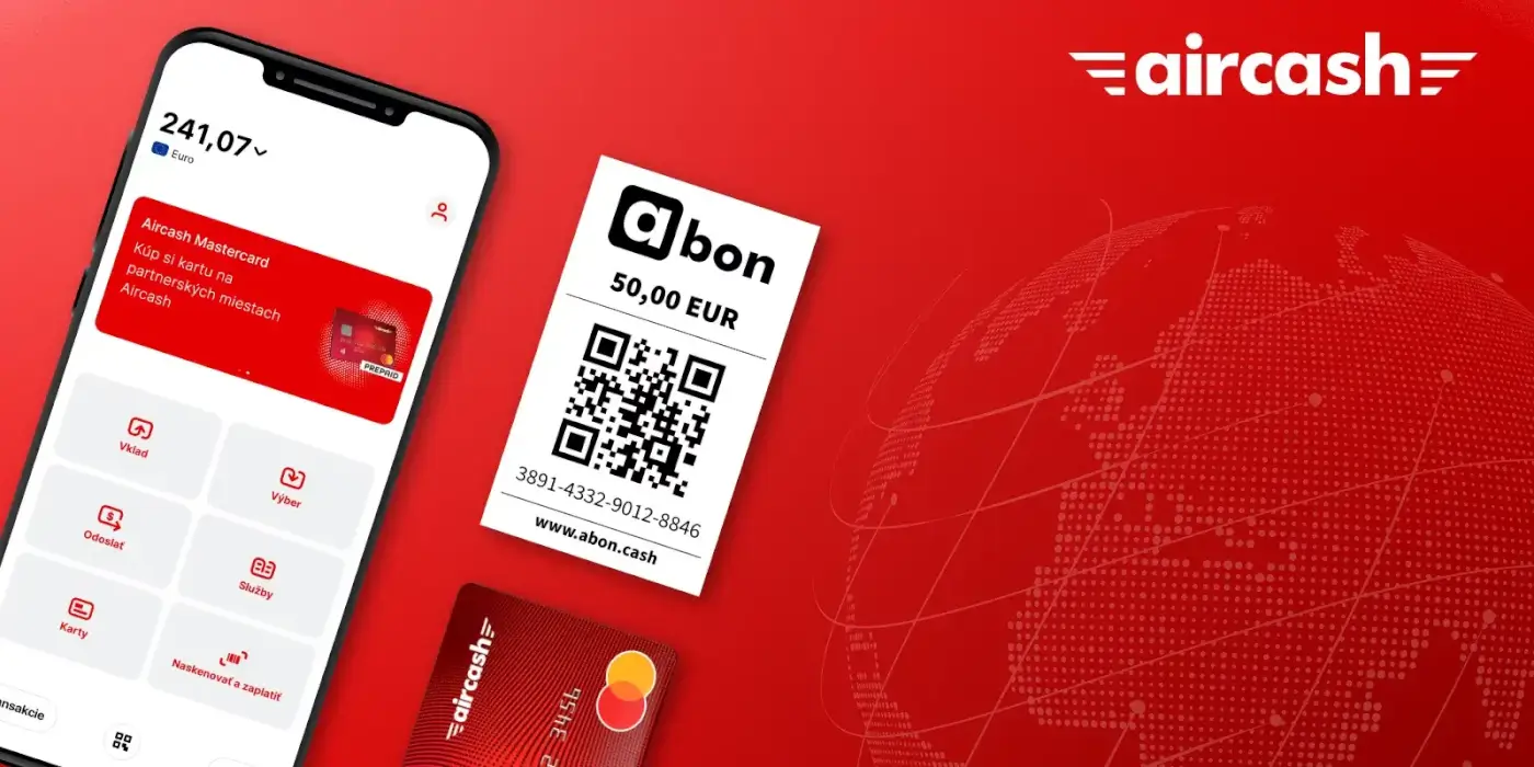 Ilustračný obrázok obsahujúci platobnú kartu Aircash Mastercard, Abon kupón a Aircash aplikáciu.